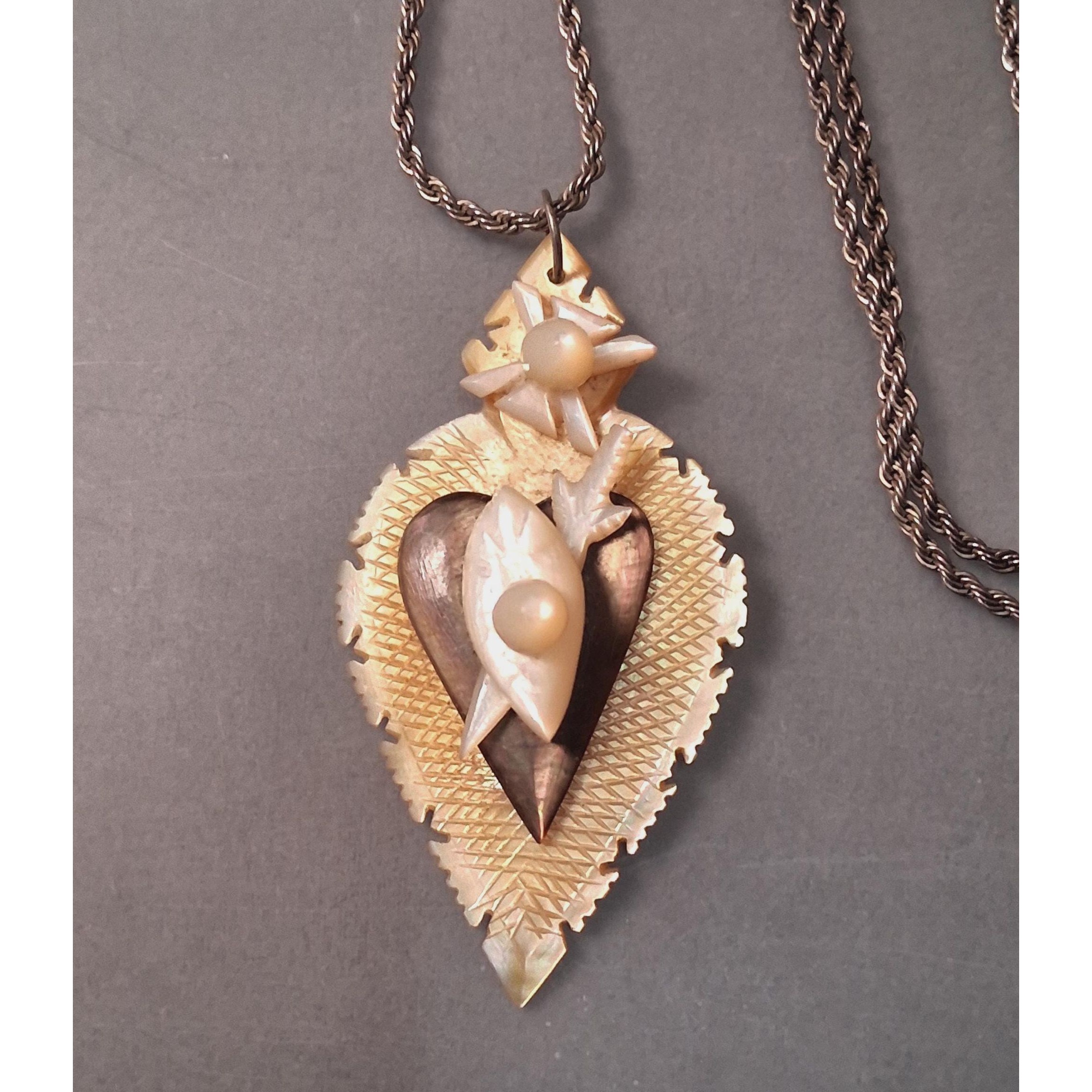 Carved Sacred Heart Necklace Mother Of Pearl